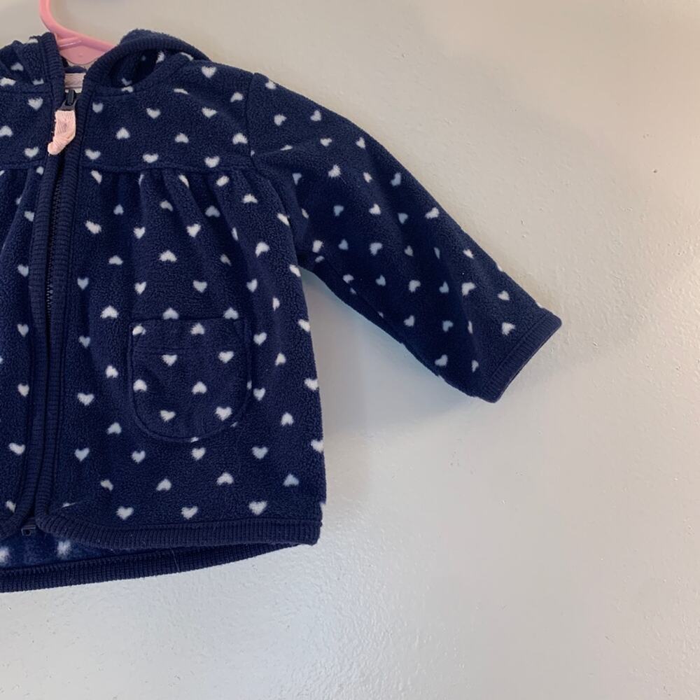 CARTER’S Girl’s Navy with White Hearts Fleece Hooded Zip Up Jacket / Size: 3 Mos - Picture 7 of 10